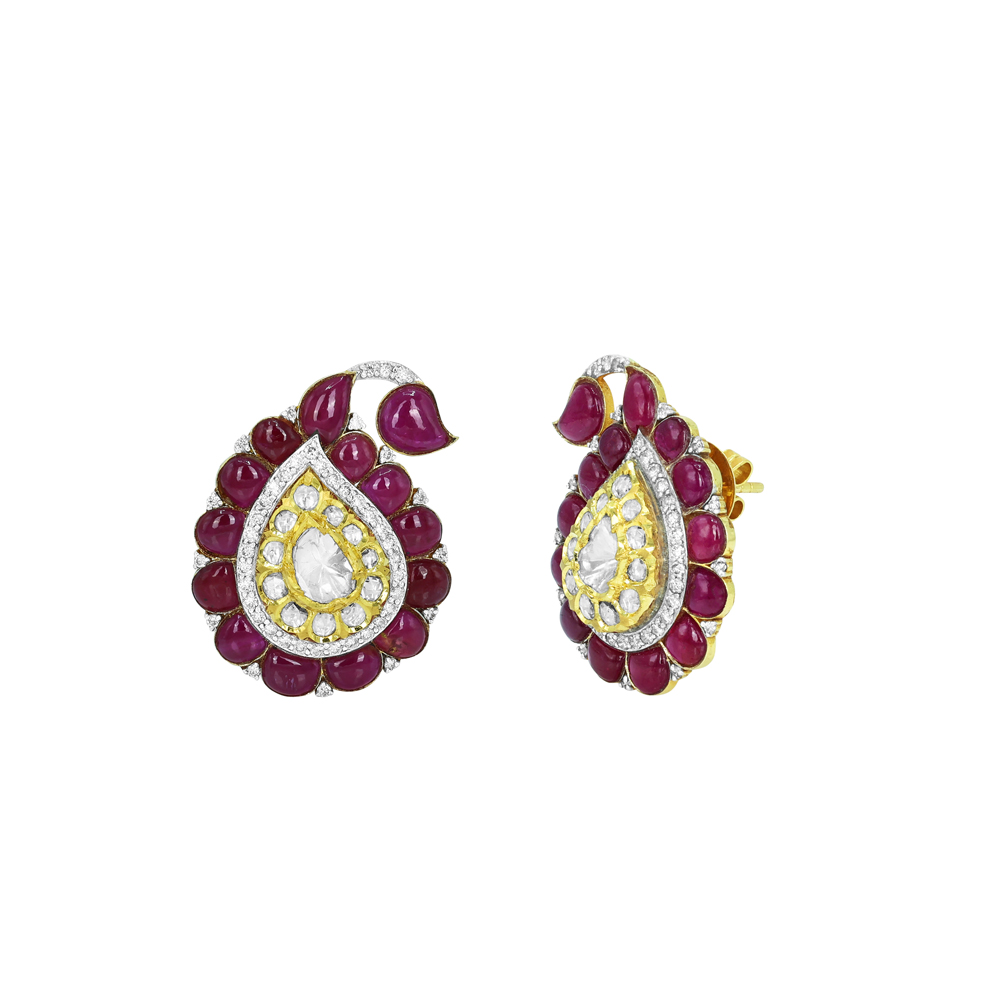 Red colourstone Cabochon Earrings with Polki Diamonds